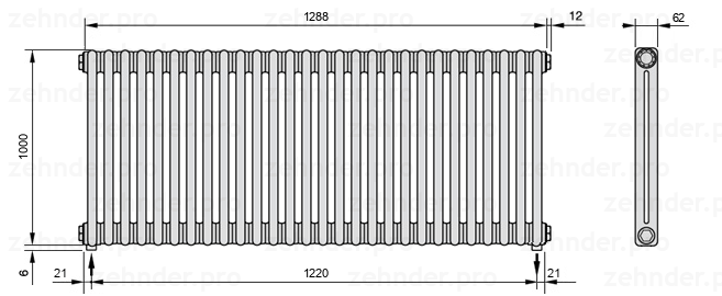 Схема (чертеж) Радиатор Zehnder Charleston 2100/28 №3570 Белый глянцевый RAL 9016